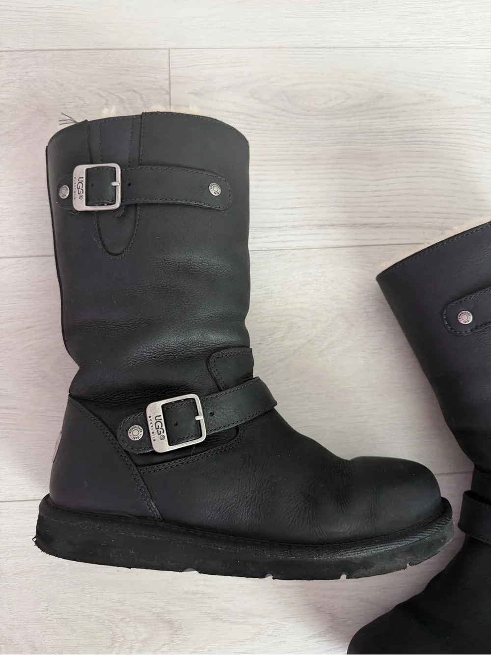 UGG Black Leather Mid-Calf Buckle Boot